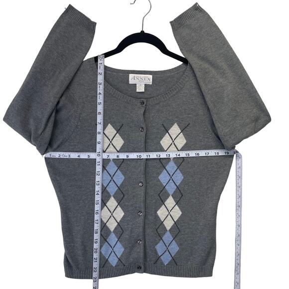 Casual Corner Annex Argyle Button Up Cardigan Sweater Gray Blue White Med Petite - Picture 9 of 11